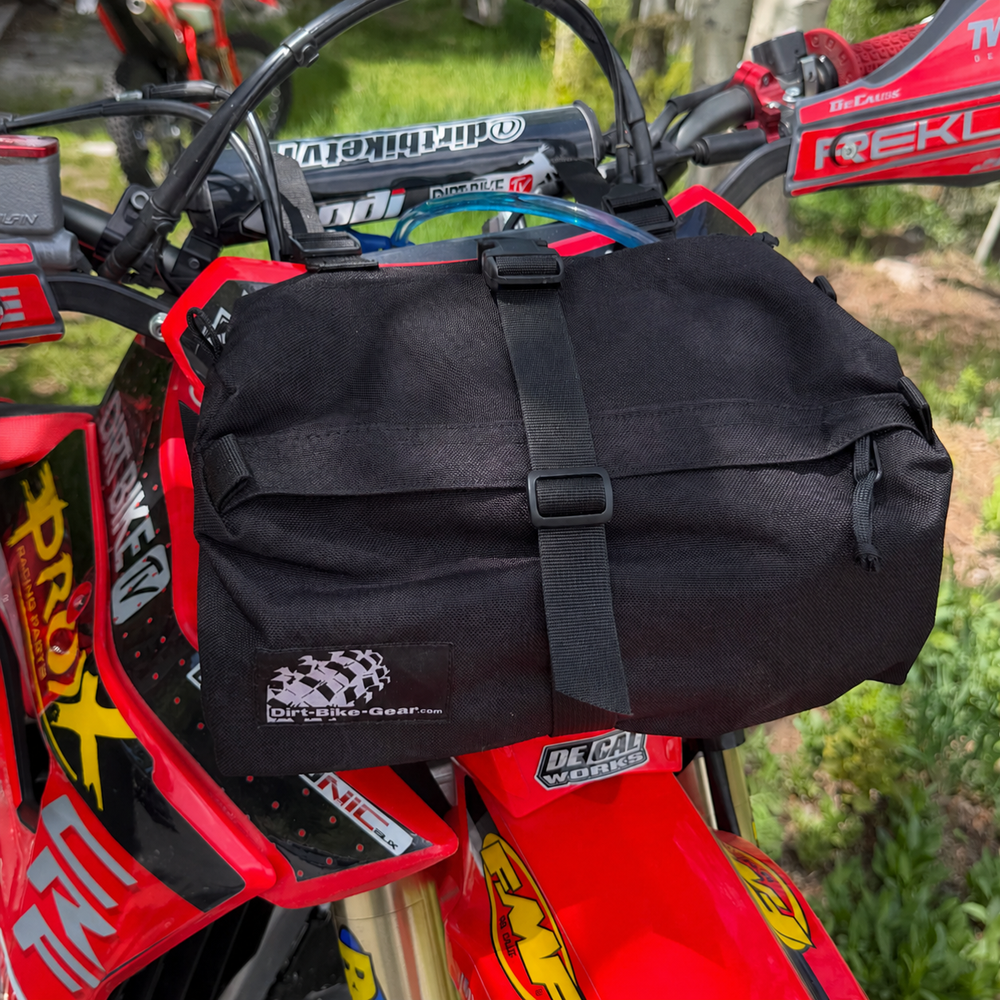 Number Plate Bag mounted on a dirt bike for trail riding
